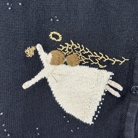 Carroll Reed Black Embroidered Angel Cardigan Beaded Size Medium Holiday Winter - Picture 4 of 13